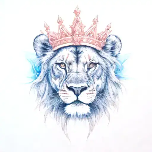 A full colour female lioness queen with fiery eyes and a crown made of thorns tattoo design idea