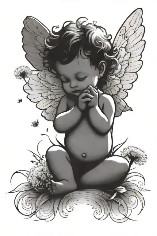 cute Cherub holding a dandelion flower tattoo design idea
