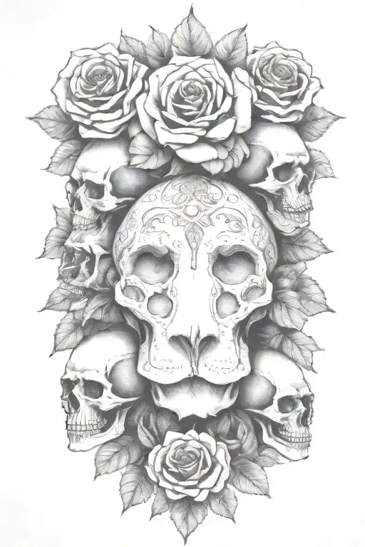 multiple skulls, roses, the devil and hell tattoo design idea