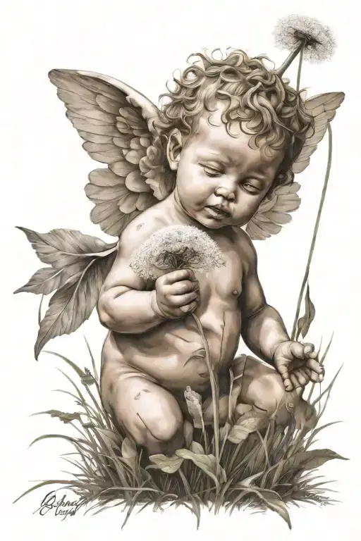 cute Cherub holding a dandelion wind is blowing the flower in a field tattoo design idea