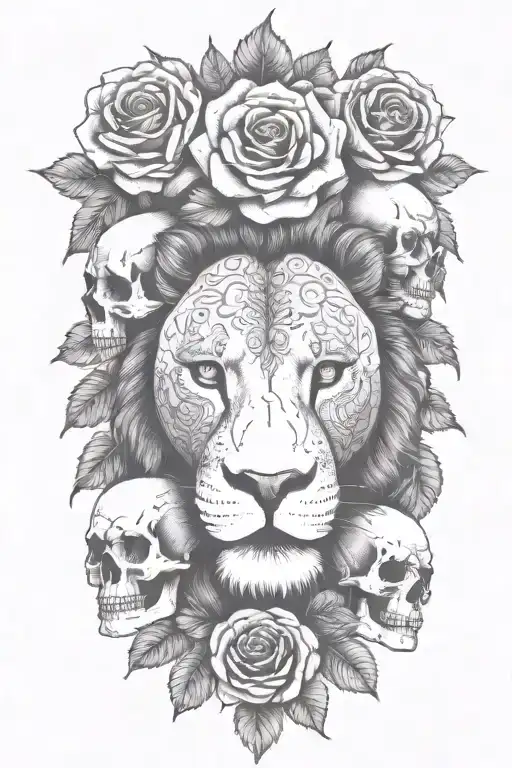 lion, multiple  skulls, roses tattoo design idea