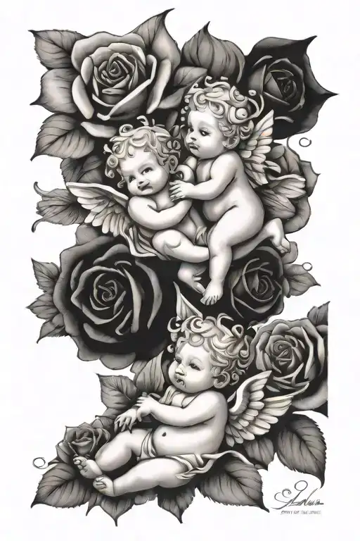 6 cute cherubs with delicate rose petals falling around them tattoo design idea