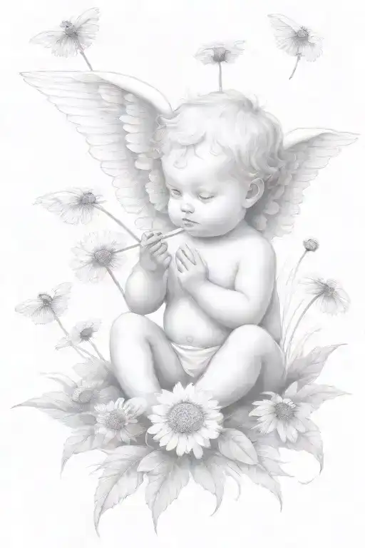 cute Cherub holding a dandelion flower and sitting in a field of flowers tattoo design idea