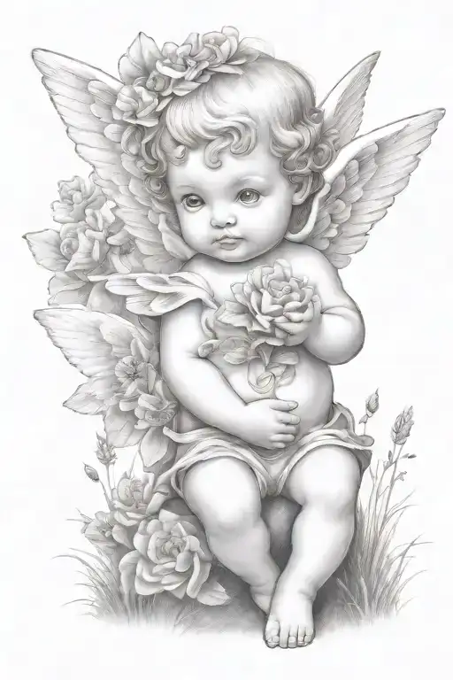 cute cherub in a field holding flower tattoo design idea