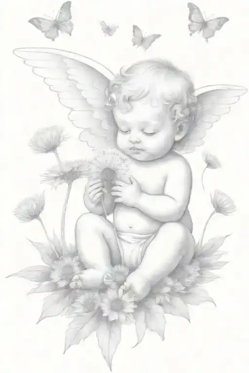 cute Cherub holding a dandelion flower and sitting in a field of flowers tattoo design idea