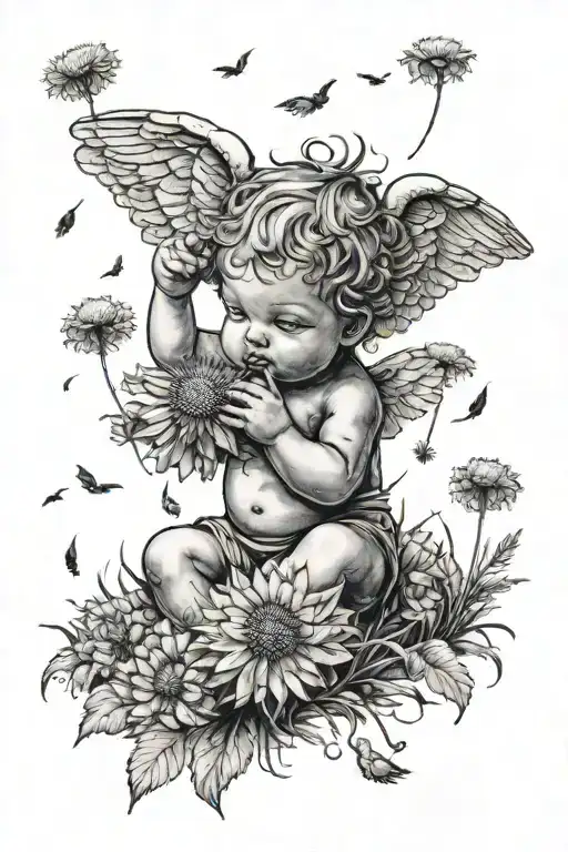 cute Cherub holding a dandelion flower and sitting in a field of flowers tattoo design idea