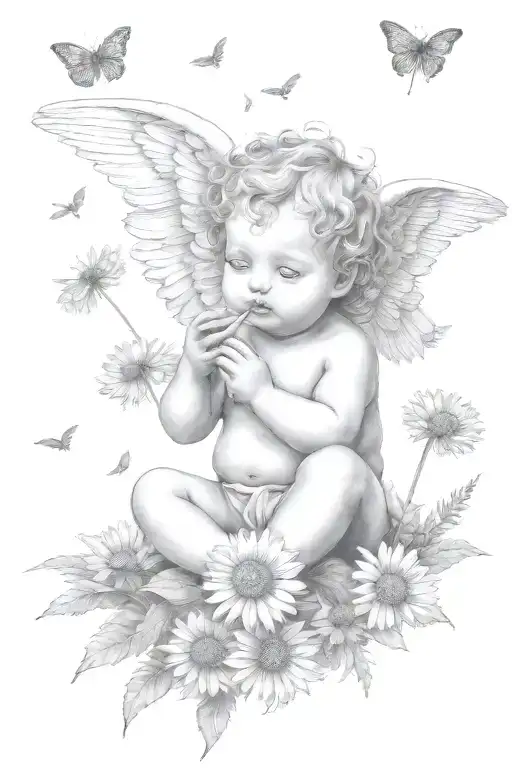 cute Cherub holding a dandelion flower and sitting in a field of flowers tattoo design idea