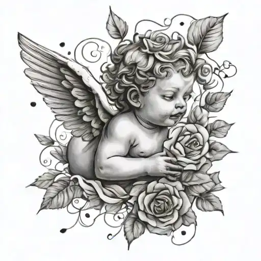 tattoo of a cherub in a field with delicate rose petals falling around them tattoo design idea