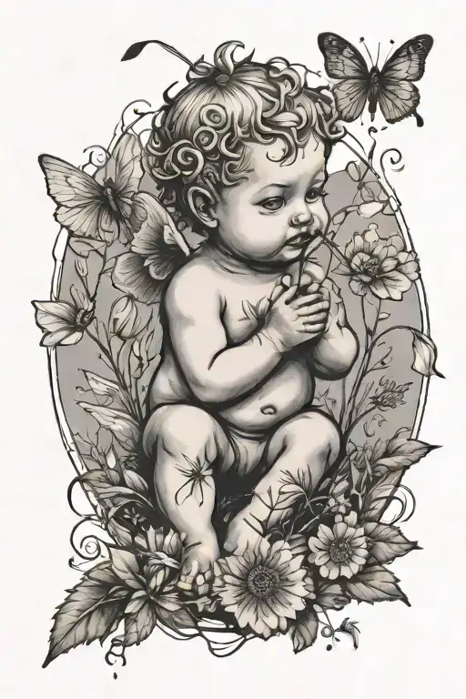 cute baby Cherub holding a dandelion flower and sitting in a field of flowers tattoo design idea