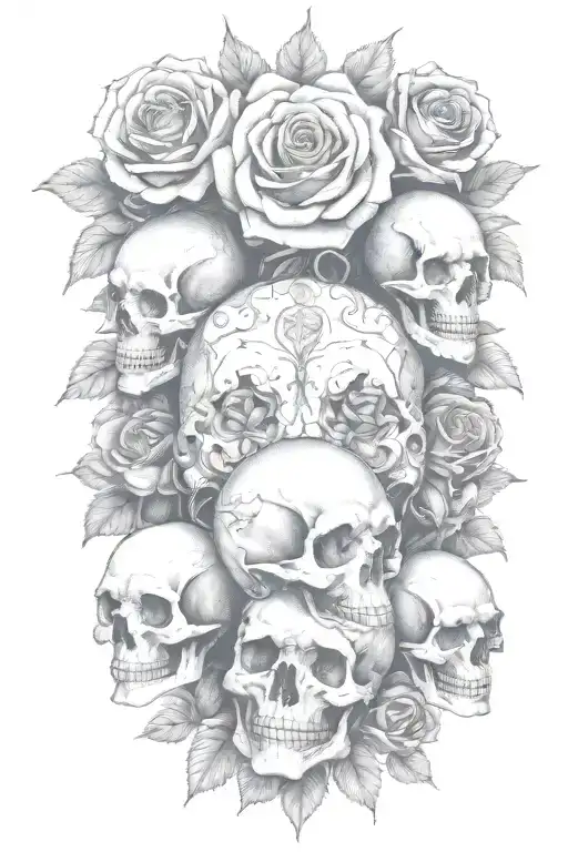 multiple skulls, roses, devil, hell tattoo design idea