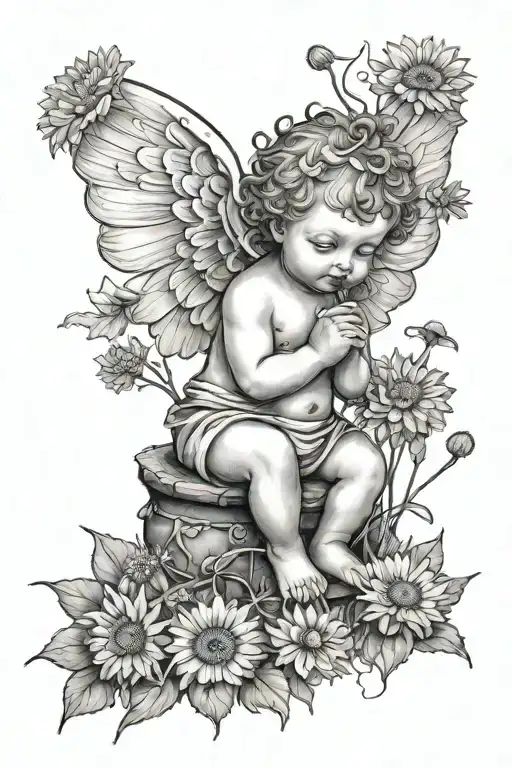 cute Cherub holding a dandelion flower  sitting in a field of flowers tattoo design idea