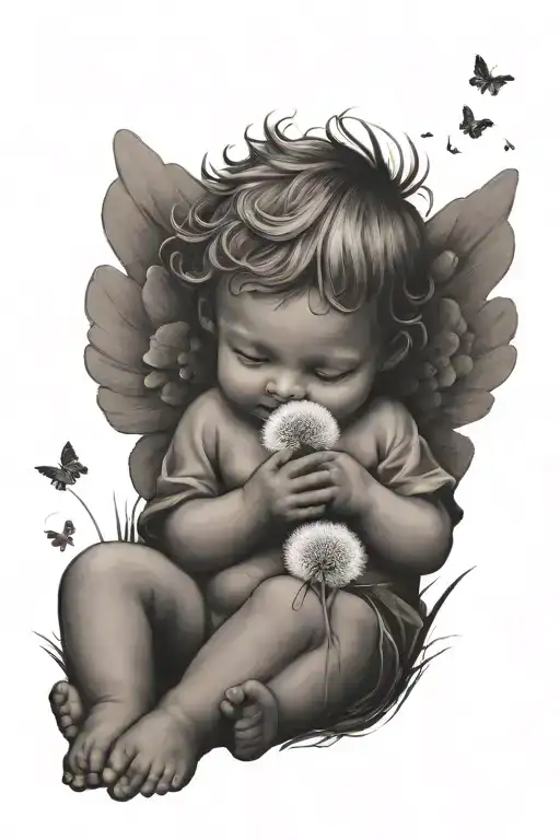cute Cherub holding a dandelion flower and the cherub is sitting in a field tattoo design idea