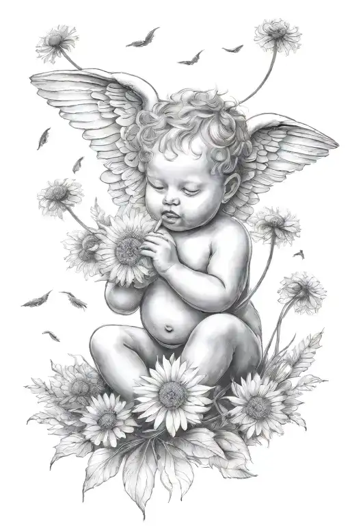 cute Cherub holding a dandelion flower and sitting in a field of flowers tattoo design idea