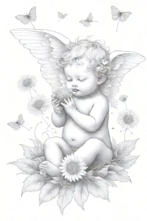 cute Cherub holding a dandelion flower and sitting in a field of flowers tattoo design idea