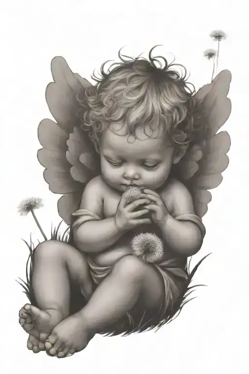 cute Cherub holding a dandelion flower and the cherub is sitting in a field tattoo design idea