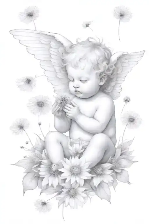 cute Cherub holding a dandelion flower and sitting in a field of flowers tattoo design idea