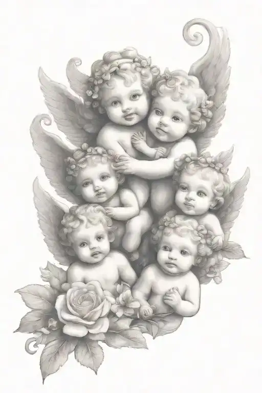cute cherubs holding flowers as a family tree  tattoo design idea