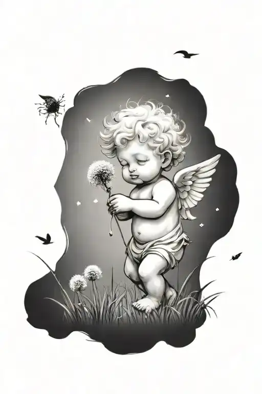 cute Cherub holding a dandelion flower in a field tattoo design idea
