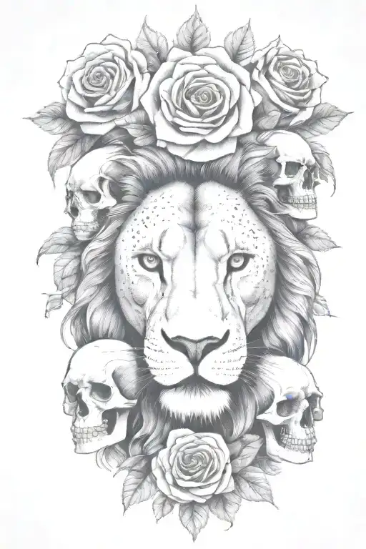 lion, multiple  skulls, roses tattoo design idea
