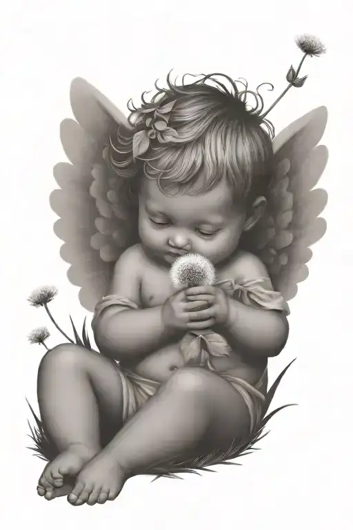 cute Cherub holding a dandelion flower and the cherub is sitting in a field of flowers tattoo design idea