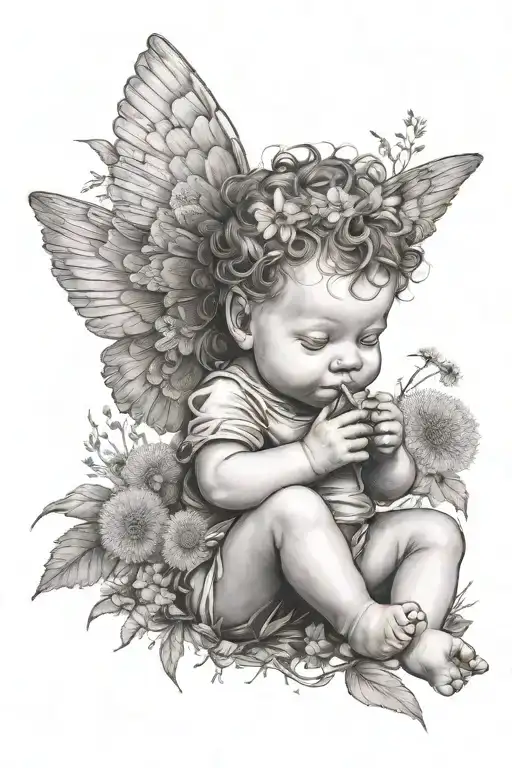 cute baby Cherub holding a dandelion flower and sitting in a field of flowers tattoo design idea