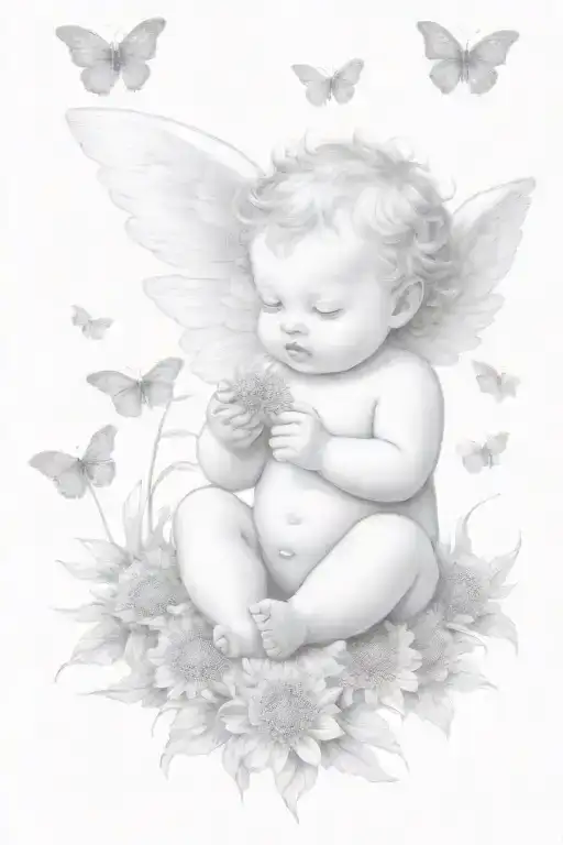 cute Cherub holding a dandelion flower and sitting in a field of flowers tattoo design idea