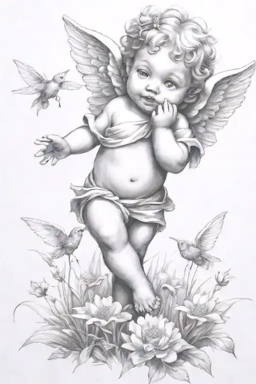 cute cherub in a field  tattoo design idea