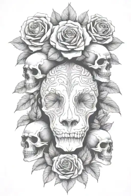 multiple skulls, roses, devil, hell tattoo design idea