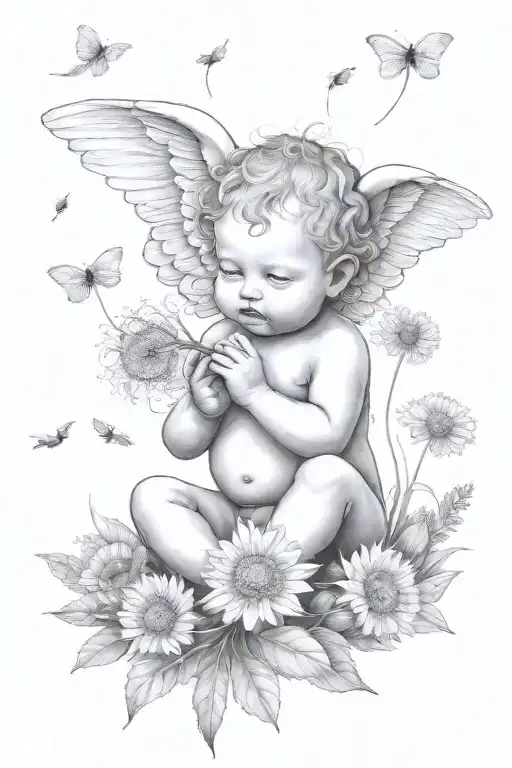 cute Cherub holding a dandelion flower and sitting in a field of flowers tattoo design idea