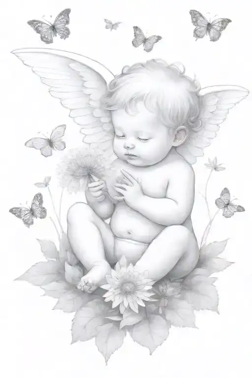 cute Cherub holding a dandelion flower and sitting in a field of flowers tattoo design idea