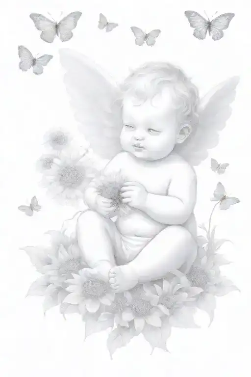 cute Cherub holding a dandelion flower and sitting in a field of flowers tattoo design idea