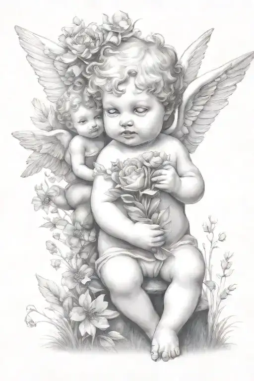 6 cute cherubs in a field holding flowers  tattoo design idea