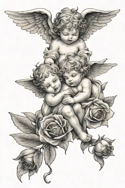 A black-grey tattoo of a cherub watching over a family of children, with delicate rose petals falling around them tattoo design idea