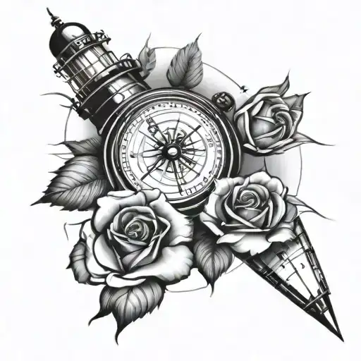 Lighthouse roses compass watches tattoo design idea