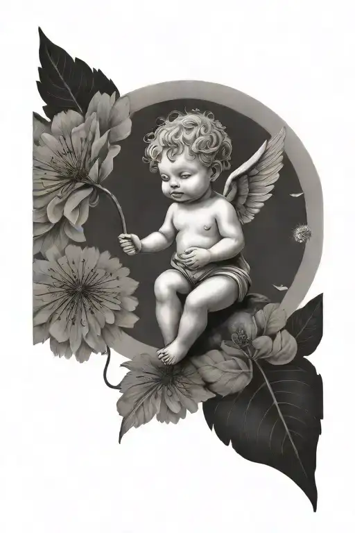 cute Cherub holding a dandelion flower tattoo design idea