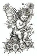 cute Cherub holding a dandelion flower  sitting in a field of flowers tattoo design idea