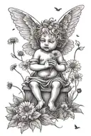 cute Cherub holding a dandelion flower  sitting in a field of flowers tattoo design idea