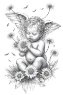 cute Cherub holding a dandelion flower and sitting in a field of flowers tattoo design idea