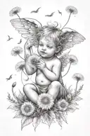 cute Cherub holding a dandelion flower and sitting in a field of flowers tattoo design idea