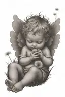 cute Cherub holding a dandelion flower and the cherub is sitting in a field tattoo design idea
