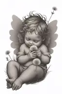 cute Cherub holding a dandelion flower and the cherub is sitting in a field tattoo design idea