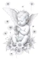 cute Cherub holding a dandelion flower and sitting in a field of flowers tattoo design idea