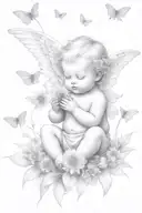 cute Cherub holding a dandelion flower and sitting in a field of flowers tattoo design idea