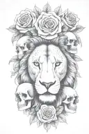 lion, multiple  skulls, roses tattoo design idea