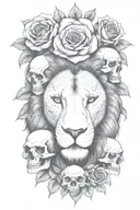 lion, multiple  skulls, roses tattoo design idea