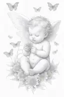 cute Cherub holding a dandelion flower and sitting in a field of flowers tattoo design idea