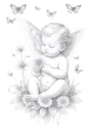 cute Cherub holding a dandelion flower and sitting in a field of flowers tattoo design idea