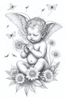 cute Cherub holding a dandelion flower and sitting in a field of flowers tattoo design idea