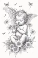 cute Cherub holding a dandelion flower and sitting in a field of flowers tattoo design idea