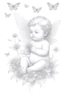 cute Cherub holding a dandelion flower and sitting in a field of flowers tattoo design idea